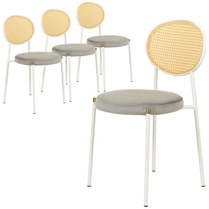 LeisureMod Velvet/Leather Dining Chair Rattan Back Side Chair Comfortable Kitchen Chair with Stainless Steel Base Euston Collection, Set of 4