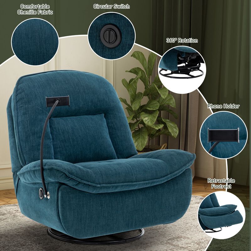 Chenille Fabric Swivel Recliner with Mobile Phone Bracket