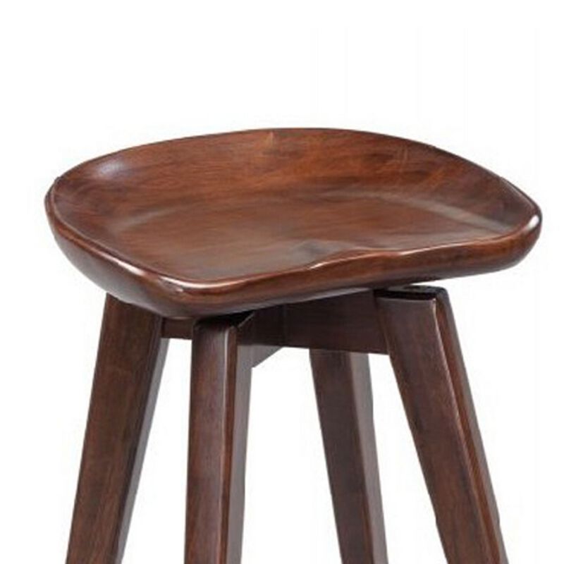 Contoured Seat Wooden Frame Swivel Barstool with Angled Legs, Dark Brown-Benzara