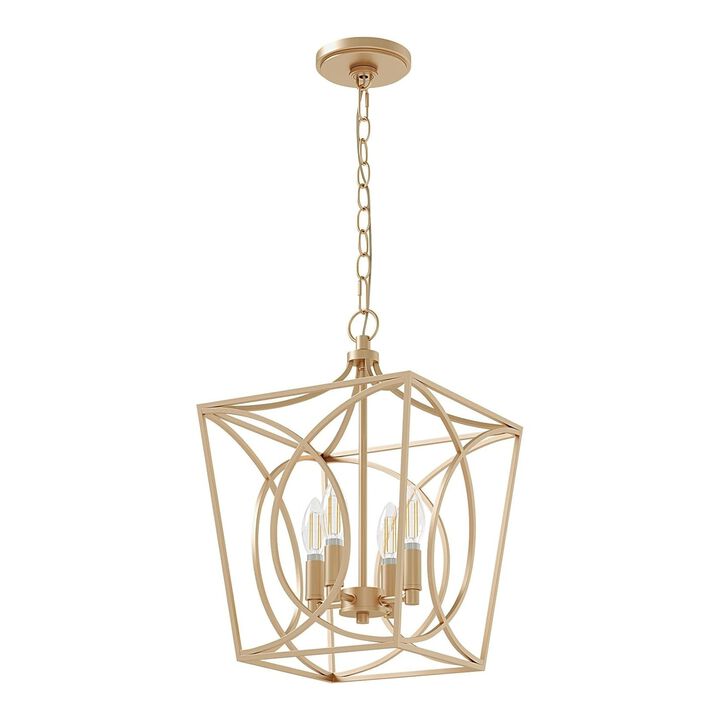 Gold Four-Light Geometric Cage Pendant Light, Farmhouse Chandelier