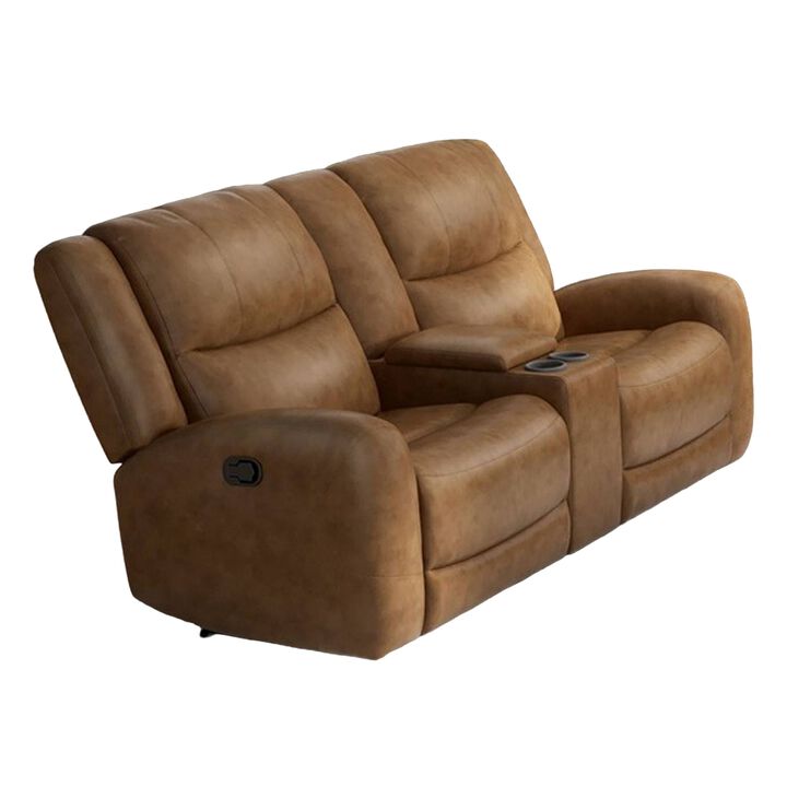 Leos Loveseat, Manual Reclining, Center Console, 79 Inch, Brown Leather - Benzara - Benzara