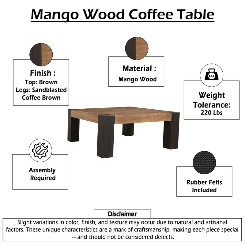 Kisa 44 Inch Square Coffee Table, Sandblasted Block Legs, Coffee Brown Mango Wood image number 4