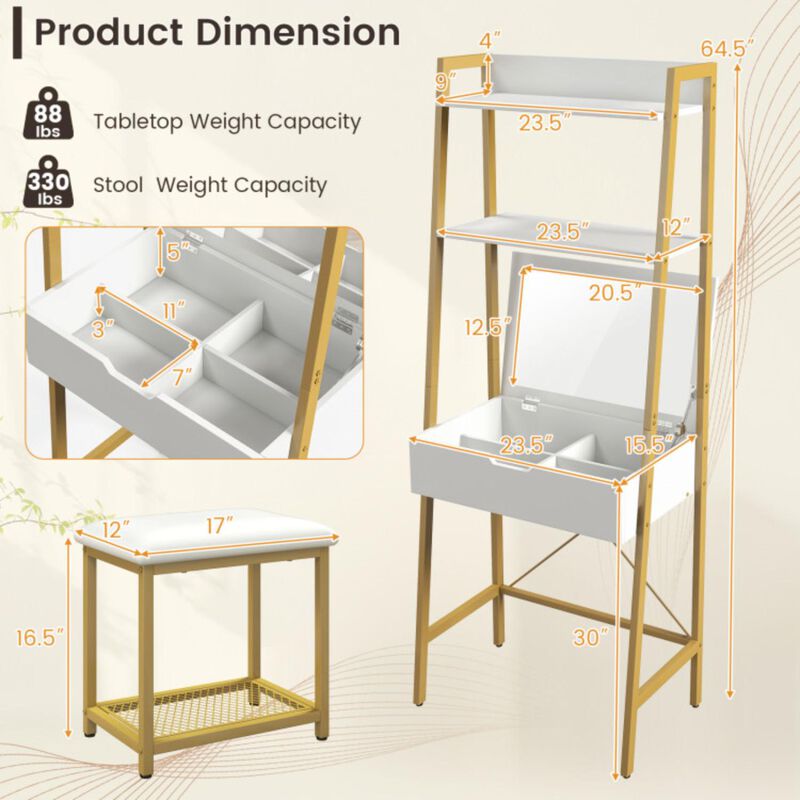 Hivvago Ladder Vanity Desk Set with Flip Top Mirror and Cushioned Stool