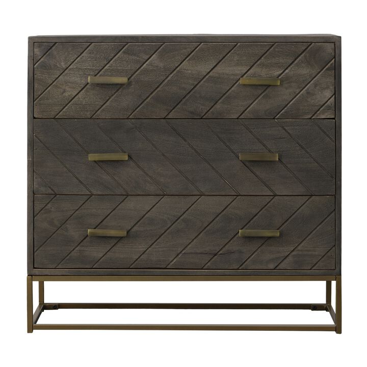 Roy 32 Inch 3 Drawer Mango Wood Dresser Chest, Bronze Metal Frame, Gray-Benzara