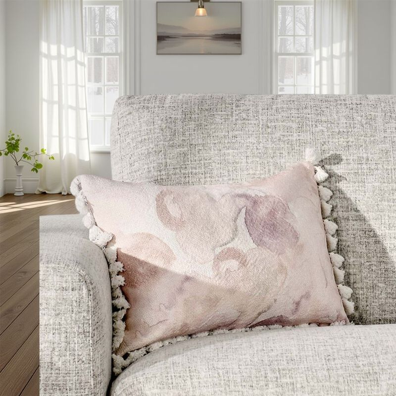 Luos Lumbar Throw Pillow, 14x20 Inch Tasseled Edges, Pink Cotton Linen - Benzara