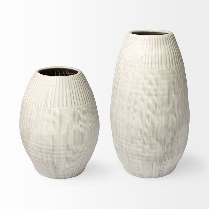 HomeRoots 21" White Striped Ceramic Cylinder Floor Vase