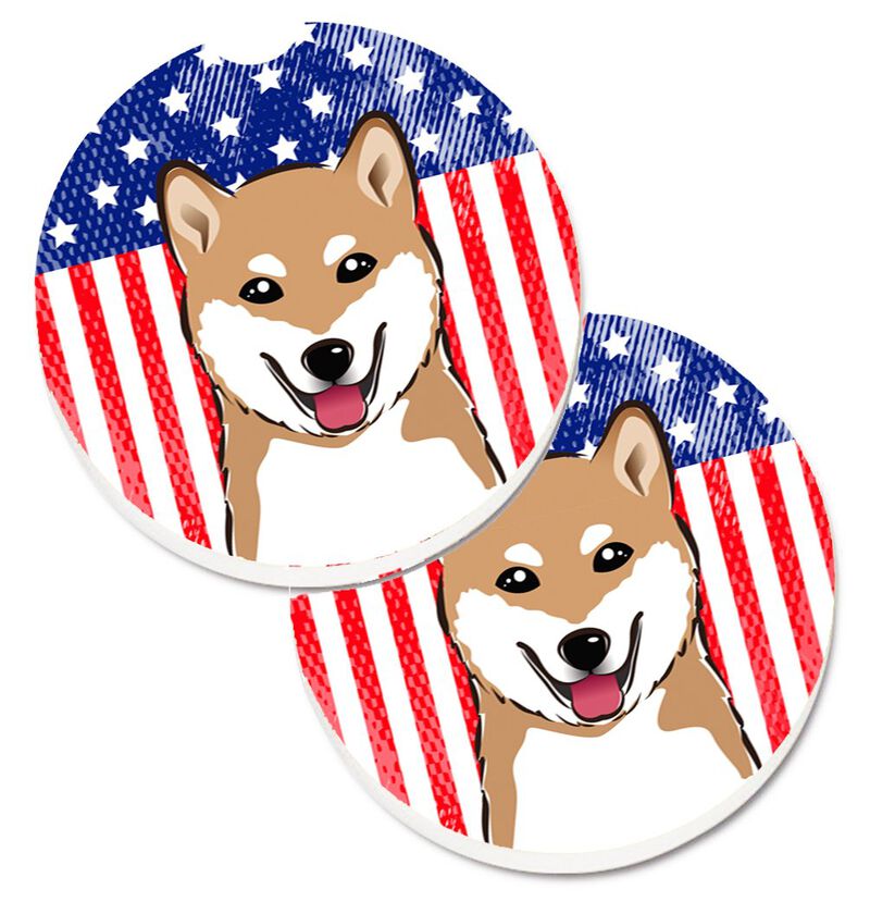 Caroline's Treasures American Flag & Shiba Inu Set of 2 Cup Holder Car Coasters BB2155CARC, 2.56, Multicolor