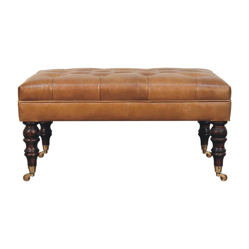 Artisan Furniture Solid Wood, Upholstered California Walnut Buffalo Tan Leather Ottoman with Castor Legs