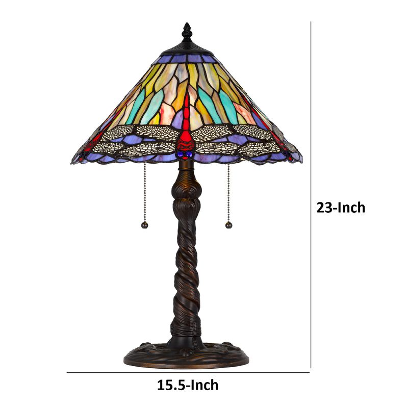 Eli Table Lamp, Tiffany Glass Shade, Blue Red Dragonfly Design, Bronze, 23In image number 7