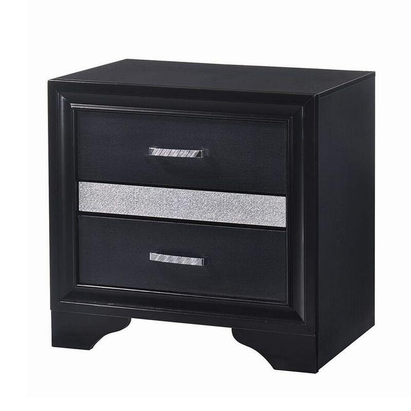 Nightstand with 2 Drawers and Rhinestone Pull Handles, Black and Silver-Benzara