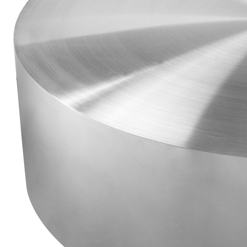 Rano Coffee Table, 40 Inch Round Silver Iron Top, Modern Drum Shape - Benzara image number 3
