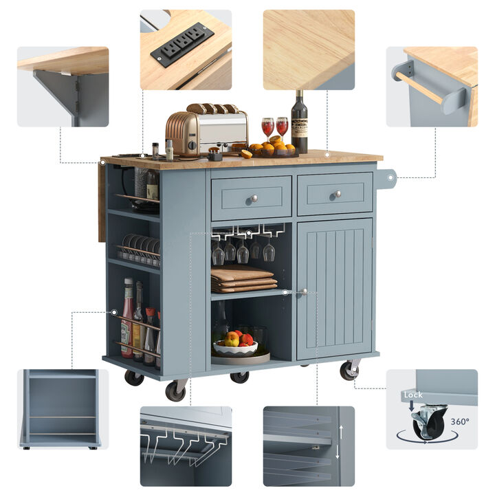 Kitchen Island with Power Outlet, Kitchen Storage Island with Drop Leaf and Rubber Wood, Open Storage and Wine Rack,5 Wheels, with Adjustable Storage for Home, Kitchen, and Dining Room, Grey Blue