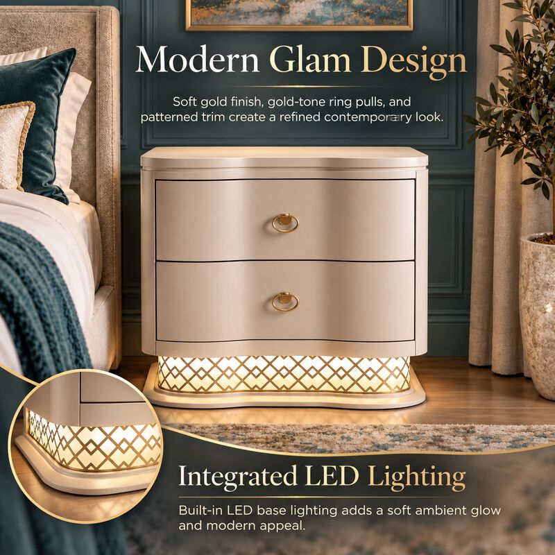 Caspique Curved 2-Drawer LED Nightstand image number 3