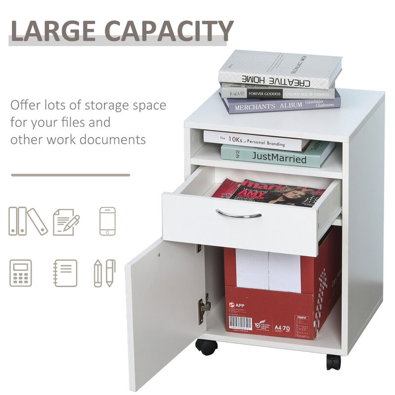 White Portable Storage: File Organizer with Drawer and Castors for Office