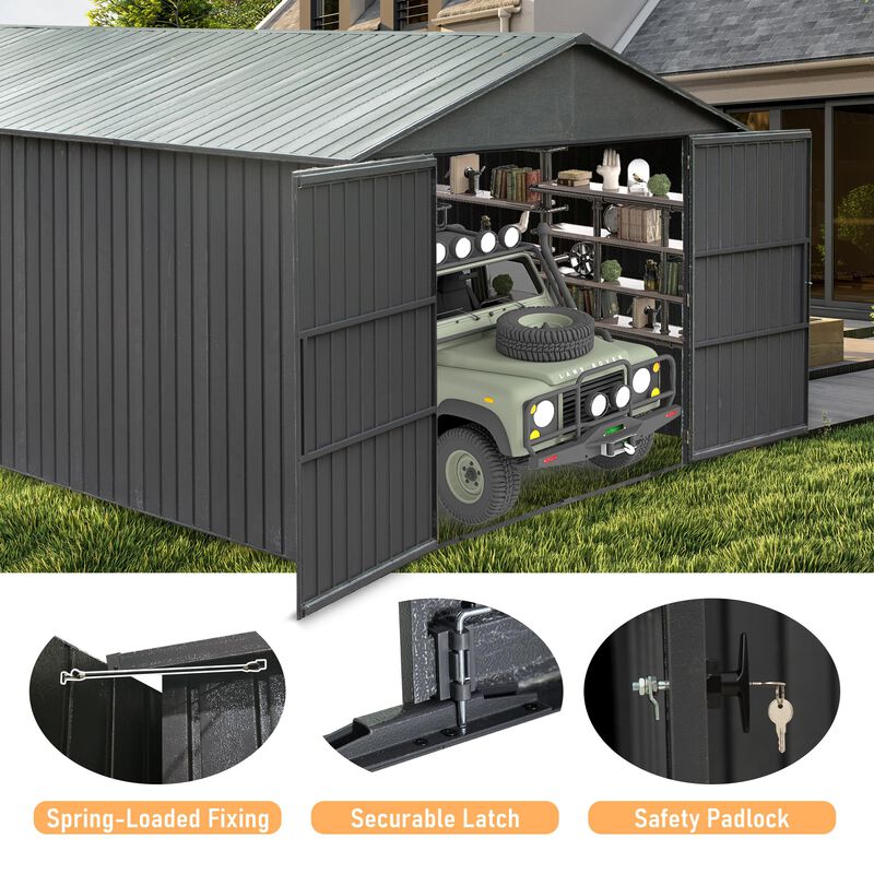 Mondawe 12x25FT Outdoor Metal Garage Shed, Extra Large Metal Carport with Lockable Double Hinged Doors image number 7