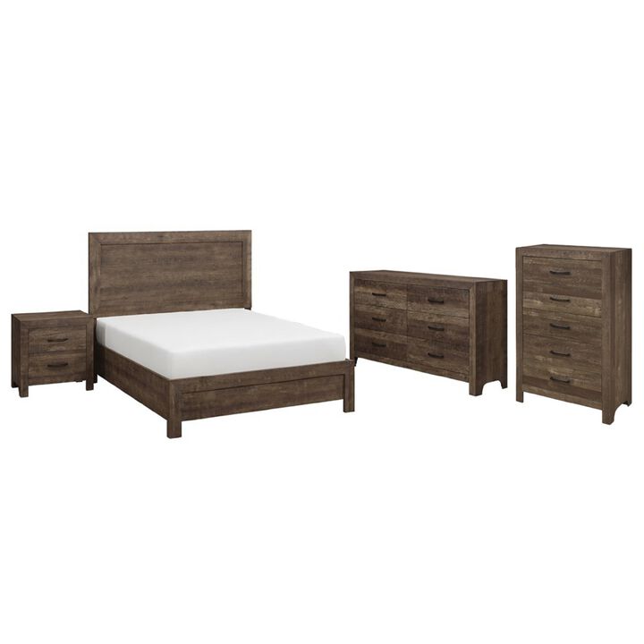 Queen Size Bedroom Set, Brown Finish, Panel Design, 5-Piece Set with Bed, 2 Nightstands, Dresser and Chest