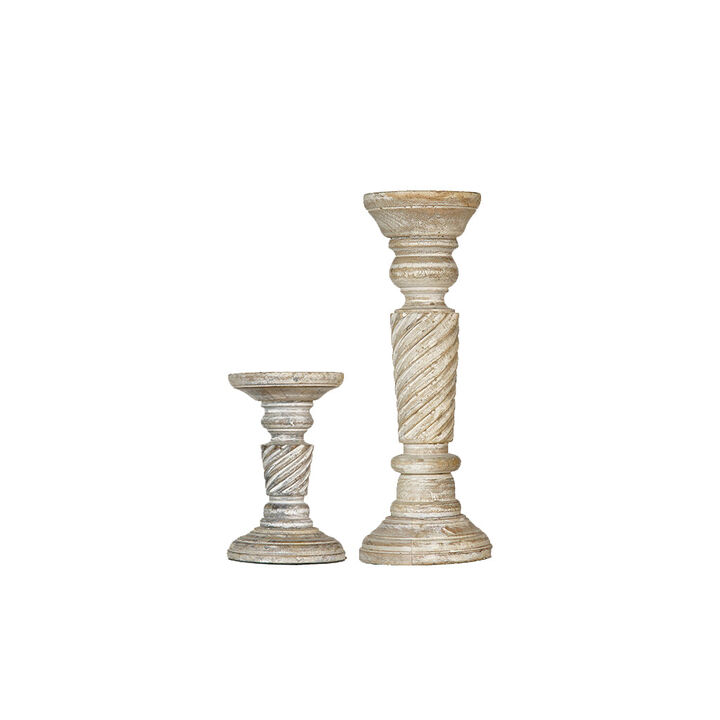 BBH Homes Traditional Antique White Eco-friendly Handmade Mango Wood Set Of Two 6" & 12" Pillar Candle Holder