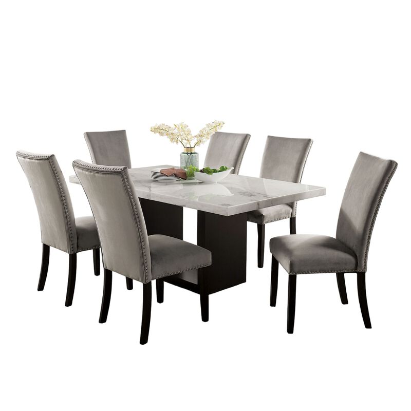 Ronda 7pc Dining Table Set with Marble Top, Fabric Chairs image number 2
