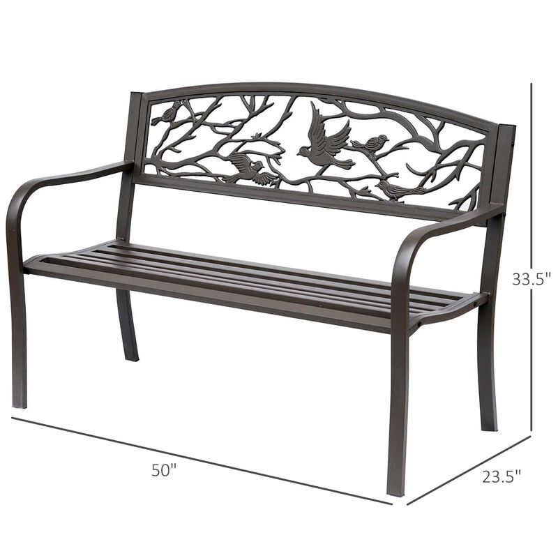 Outsunny 50" Garden Bench, Outdoor Patio Bench with Animal Pattern, Cast Steel Metal Bench for Yard, Lawn, Porch, Brown