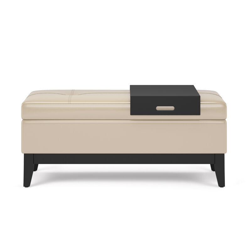 HomeRoots 42" Black and Dark Brown Tufted Faux Leather and Solid Wood Upholstered Storage Bench With Tray image number 3