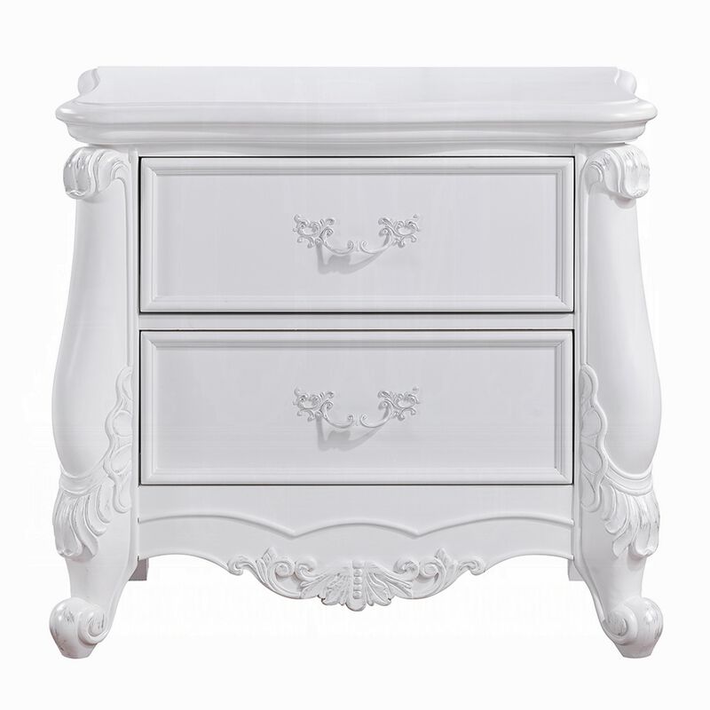 Maver Nightstand with 2 Drawers Scrolled Details, 32 Inch White Wood - Benzara