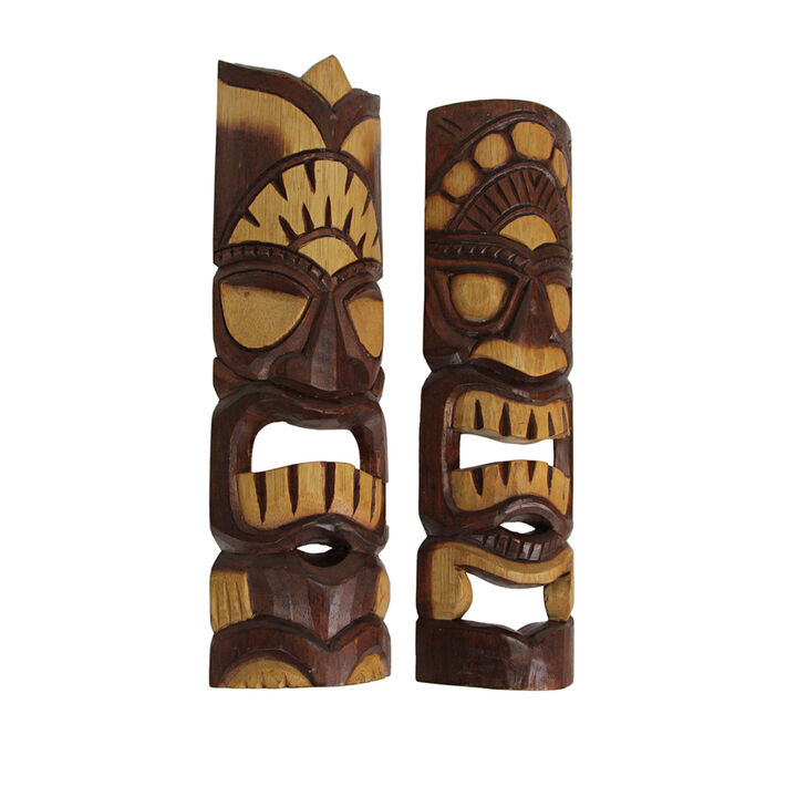 Carved Natural Stained Wood Polynesian Style Tiki Wall Hanging Masks 20 inch