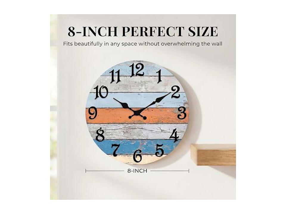 Wooden Rustic Farmhouse Coastal Wall Clock 8 Inch Silent Non Ticking Wood