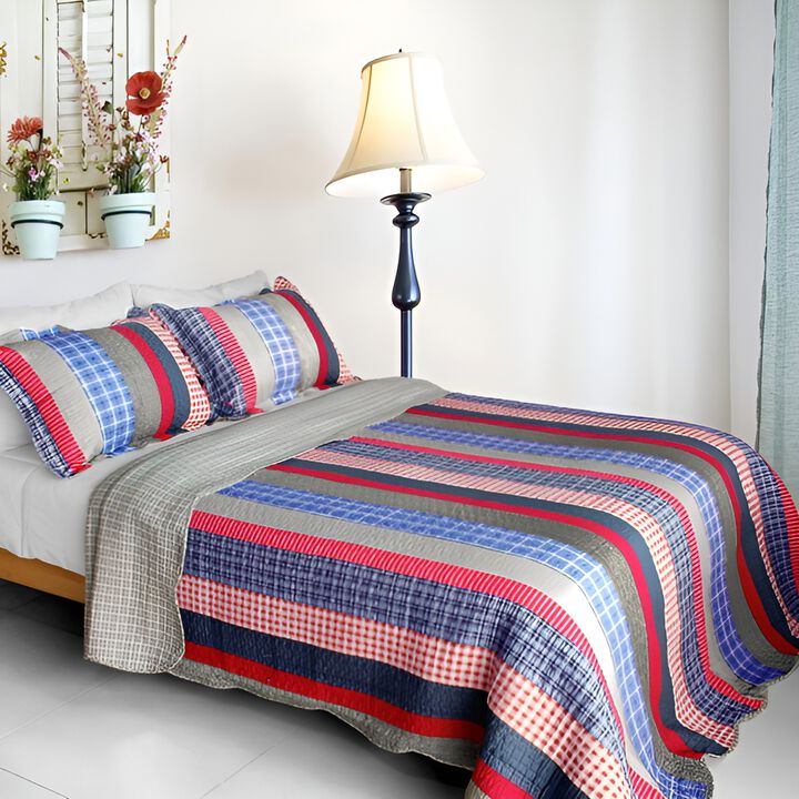 3-Piece Cotton Vermicelli Quilted Striped Printed Quilt Set with Matching Shams