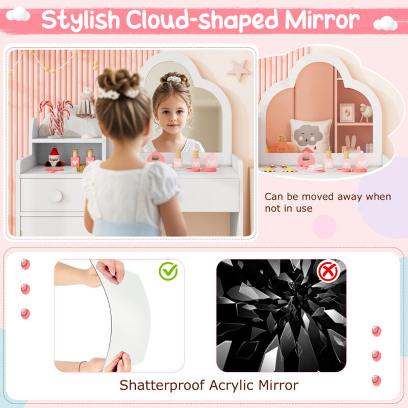 Kids Vanity Table and Chair Set with Cloud-shaped Mirror and Open Shelf