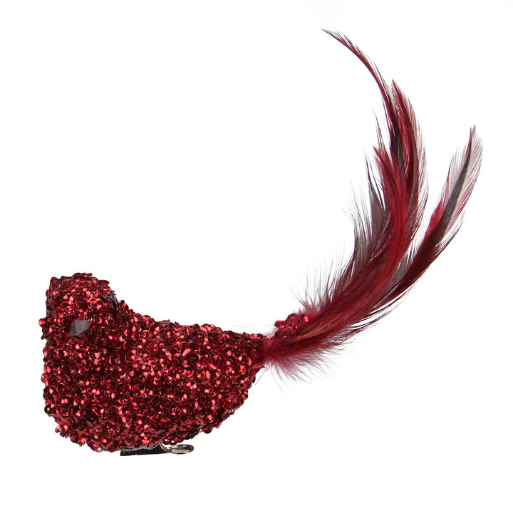 6" Red Sequined Bird with Feather Tail Christmas Ornament with Clip