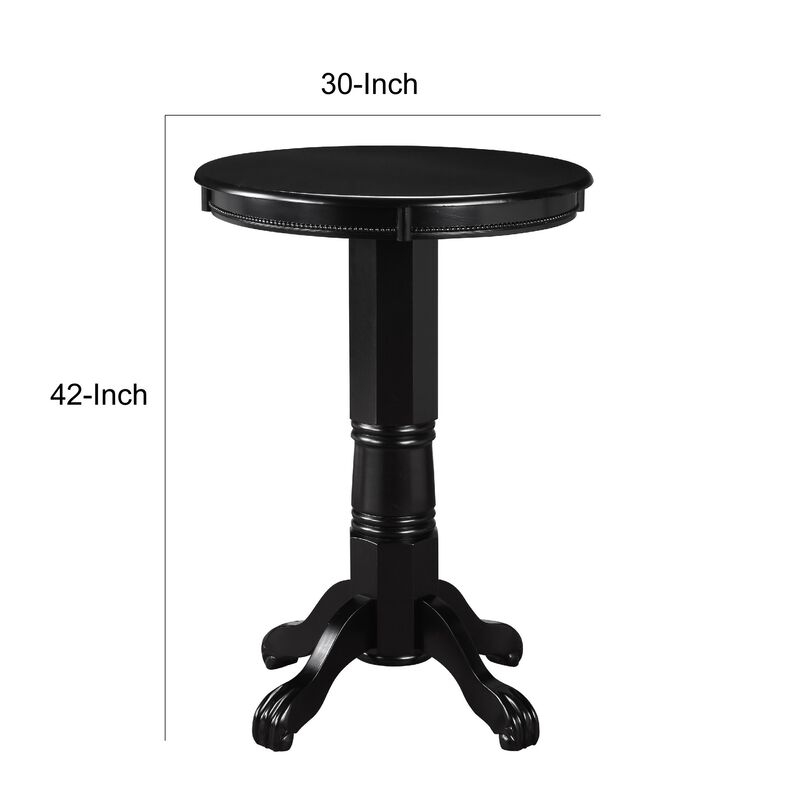 Ava 42 Inch Wood Pub Bar Table, Molded Trim, Carved Pedestal, Black