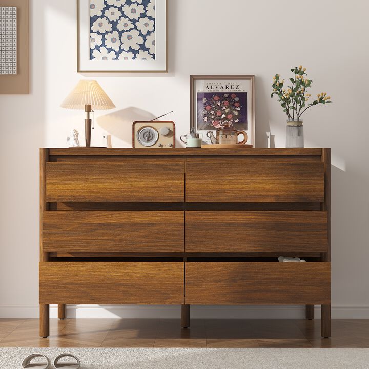 FUFU&GAGA Round Leg 6-Drawer Cabinet with Painted Rubberwood Legs, 15mm Particleboard Construction, and Faux Thick Panel, (47.2"W x 19.7"D x 30.9"H), Brown