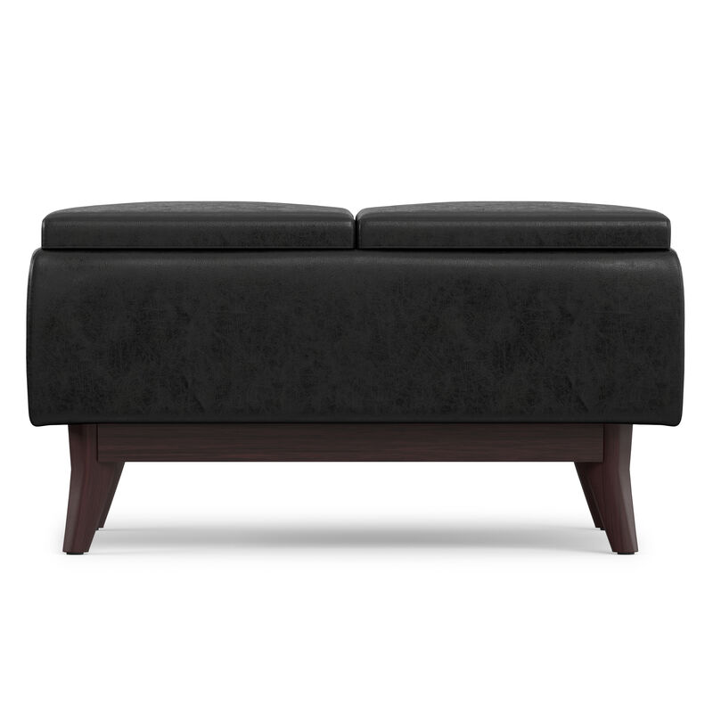 Owen 34 inch Wide Mid Century Modern Rectangle Tray Top Small Coffee Table Storage Ottoman in Distressed Black Vegan Faux Leather, Assembled image number 2