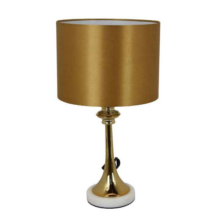 20 Inch Table Lamp, Drum Shade, Trumpet Shaped Body, Classic Gold Finish - Benzara