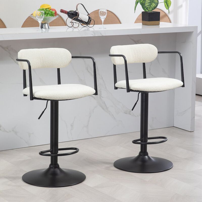 Glamour Home Beige Boucle Fabric Adjustable Swivel Bar Stool Black Iron Arms and Pedestal Leg