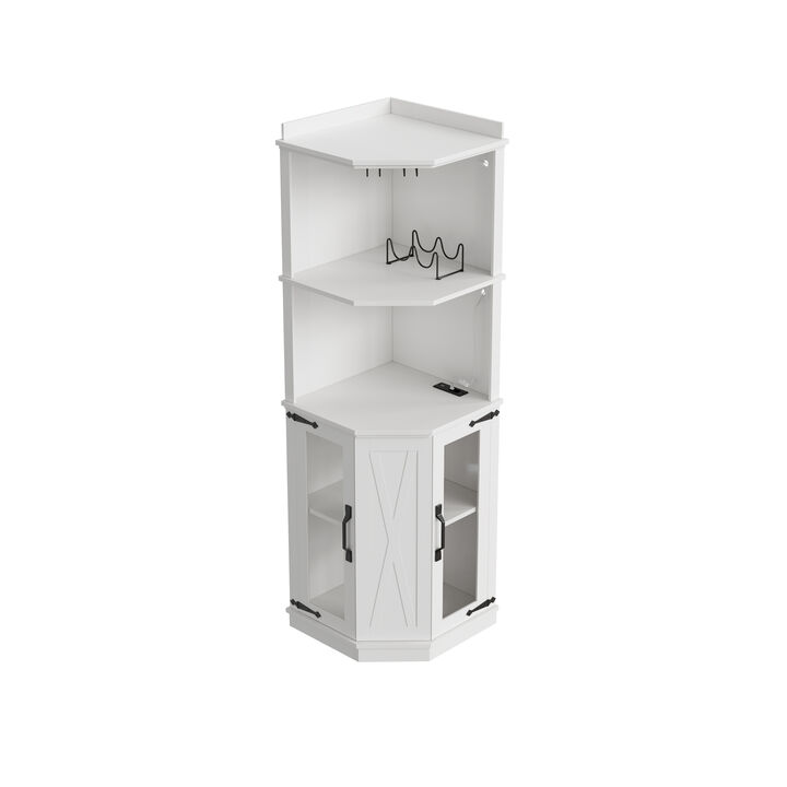 Merax Corner Bar Cabinet with Power Outlet - Farmhouse Style Multifunctional Storage
