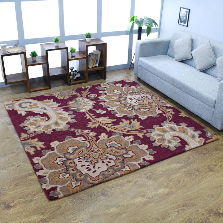 RUGSOTIC CARPETS HAND TUFTED WOOL ECO-FRIENDLY AREA RUGS  - 6'x6', Square Shape, Dark & Red, Floral Modern Design, High Pile Thick Handmade Anti Skid Area Rugs for Living Room, Bed Room (K00151)