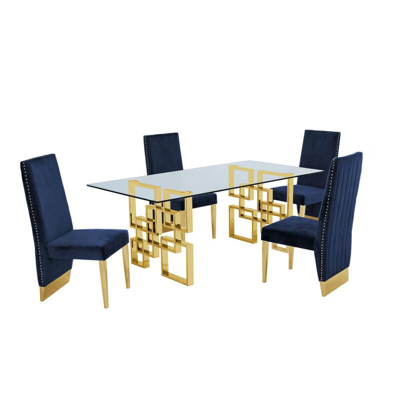 Classic 7 Piece Dining Set With Glass Table Top and Stainless Steel Legs w/Pleated Chairs, Navy Blue