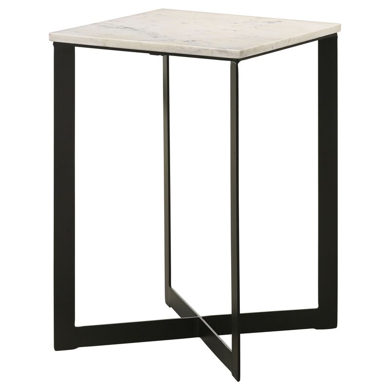 Sovi 24 Inch Side End Table, Square Marble Top, Black Metal Frame, White image number 2