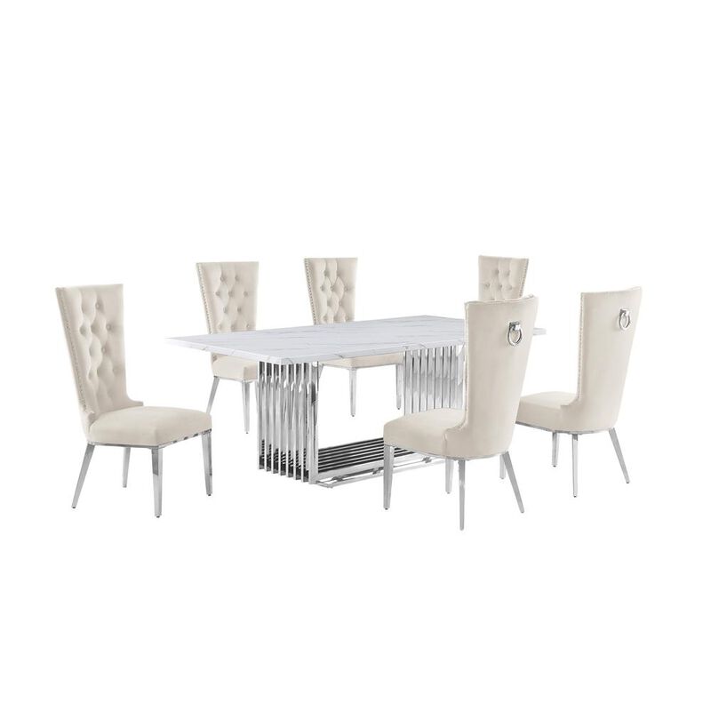 7pc Large(79") marble top dining set with silver base and 6 Cream side chairs