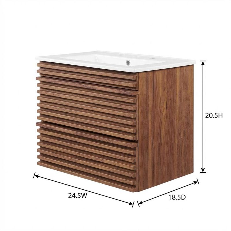 Walnut White 24-Inch Wall-Mount Bathroom Vanity with Ceramic Sink image number 2