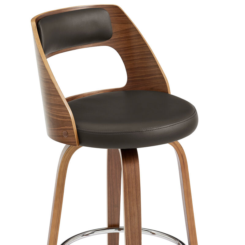 Axel Swivel Bar Stool in Brown Faux Leather and Walnut Wood