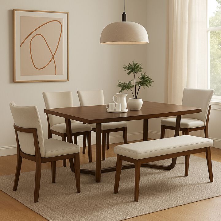 Lere Dining Chair Set of 2, Beige Fabric, Antique Style Brown Wood