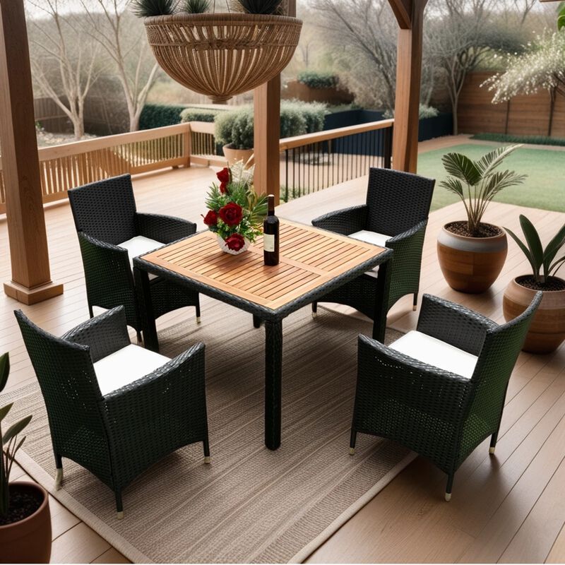Whisen 5-Piece Wicker Patio Dining Set with Acacia Wood Top
