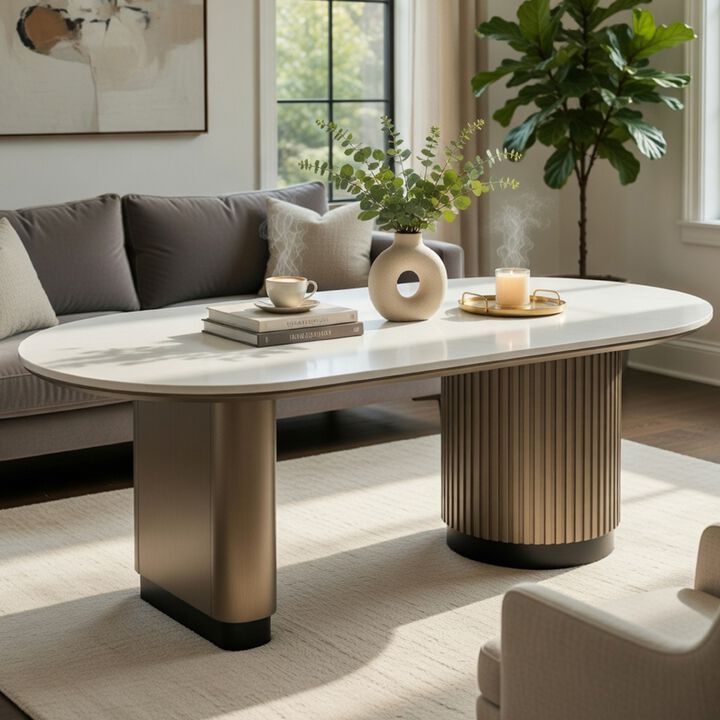 Jeh Coffee Table, 55 Inch White Oval Top, Dual Pedestal Base, Oak Brown