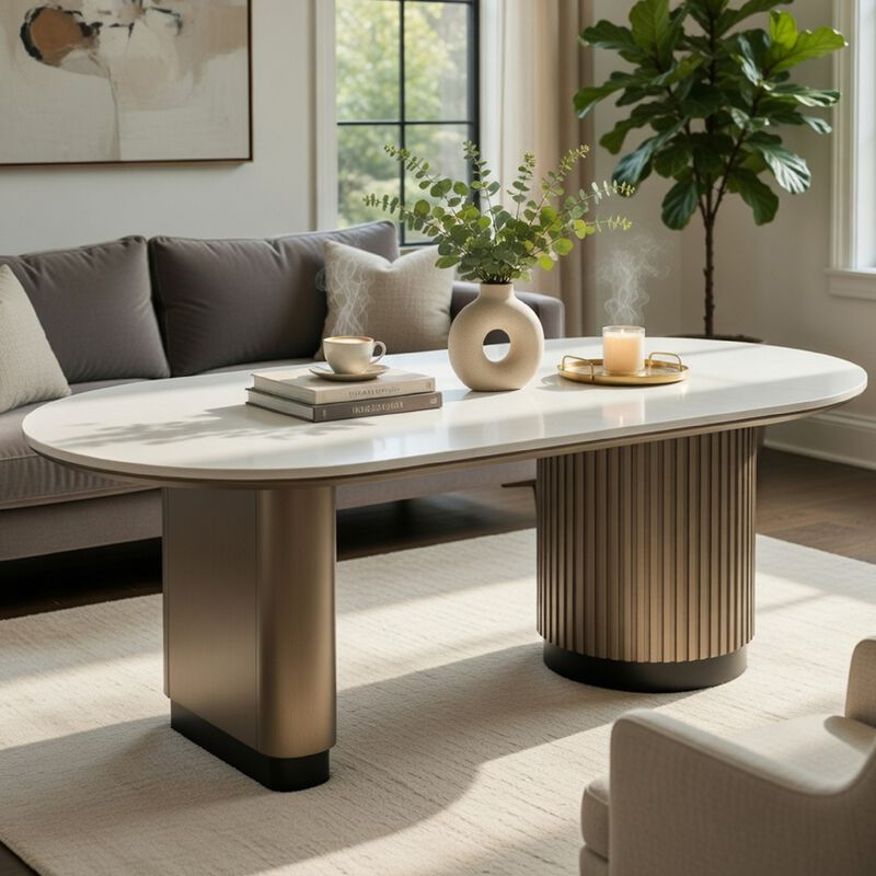 Jeh Coffee Table, 55 Inch White Oval Top, Dual Pedestal Base, Oak Brown image number 1