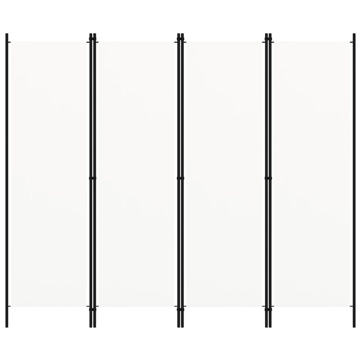 Folding Room Divider, 79x71 White Fabric, Black Iron Frame, 4 Panels - Benzara