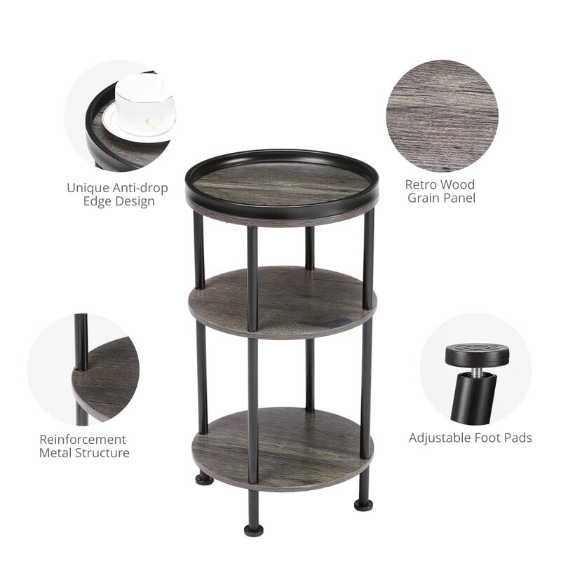 Grey Modern 3-Tier Round Accent Table - Slim Corner Table for Small Spaces, Living Room or Bedroom