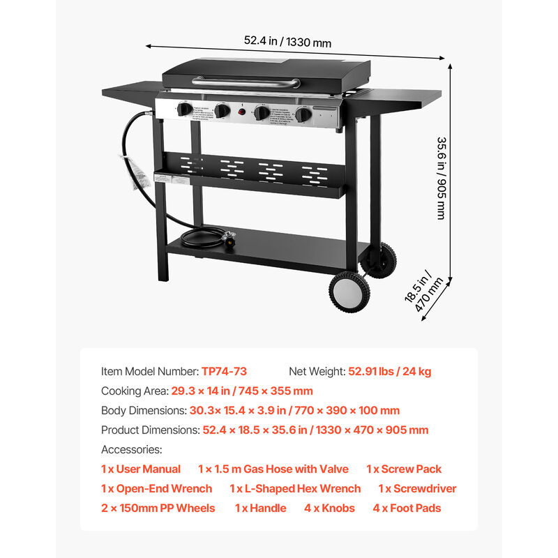 VEVOR Gas Griddle 4-Burner 29 inch Foldable Propane Griddle with Wheels 28000BTU image number 6