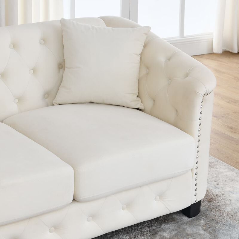 77 Inch Velvet Chesterfield Sofa, Button Tufted 3 Seater Sofa with Rolled Arms and Nailhead Trim, Upholstered Sofa with 2 Pillows image number 6